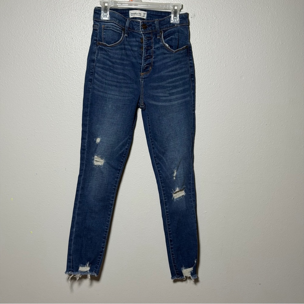 Abercrombie & Fitch Women High Super Skinny Ankle Blue Distressed Jeans size 0S